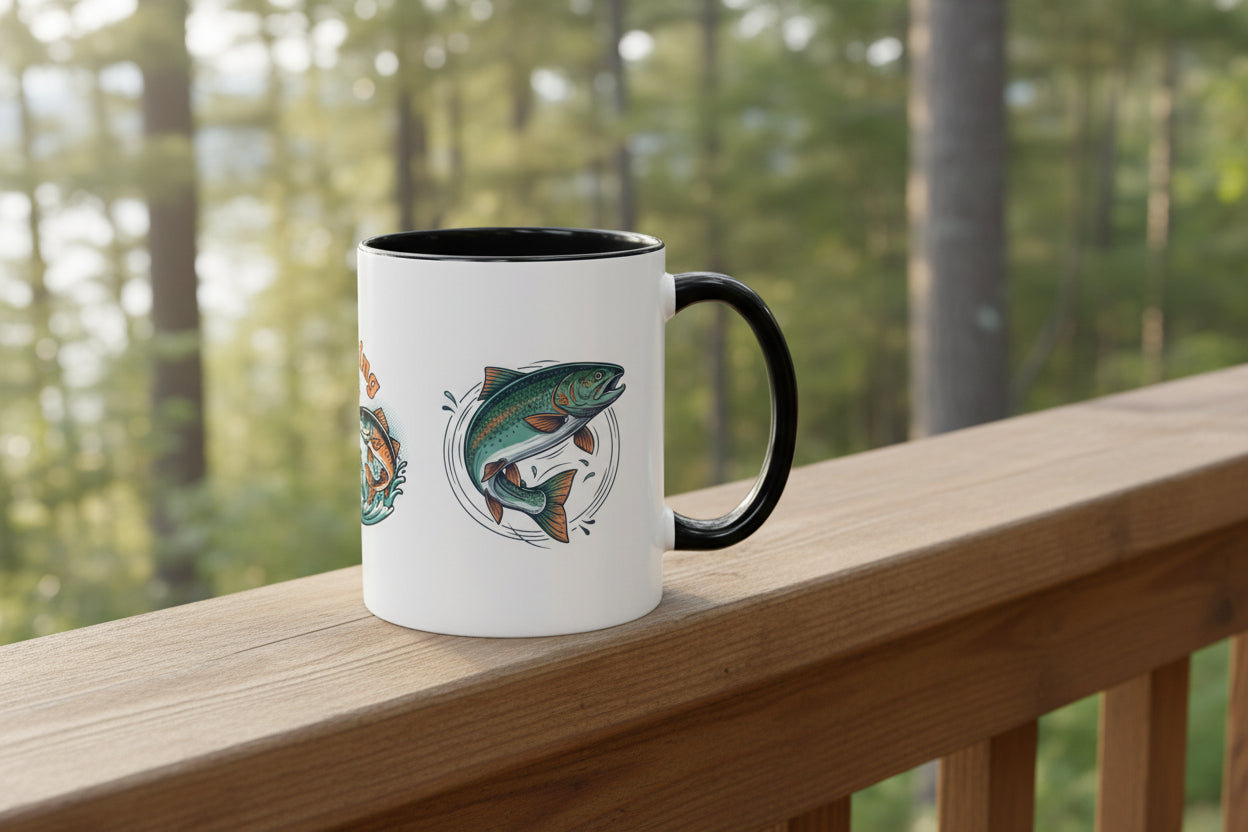 Fishing Mug — Animated Trout & Angler Coffee Cup (11/15oz)