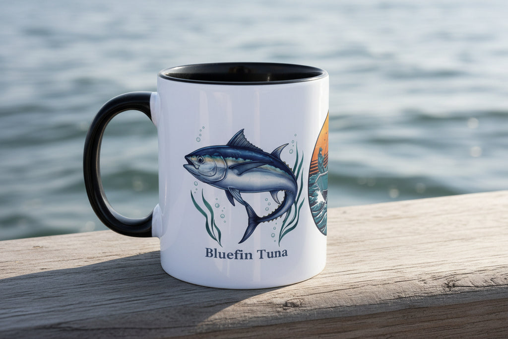 Accent Mug — Bluefin Tuna Fishing Ceramic Coffee Cup (Pink Accent)