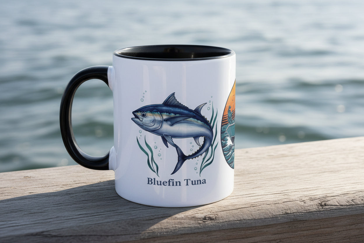 Accent Mug — Bluefin Tuna Fishing Ceramic Coffee Cup (Pink Accent)