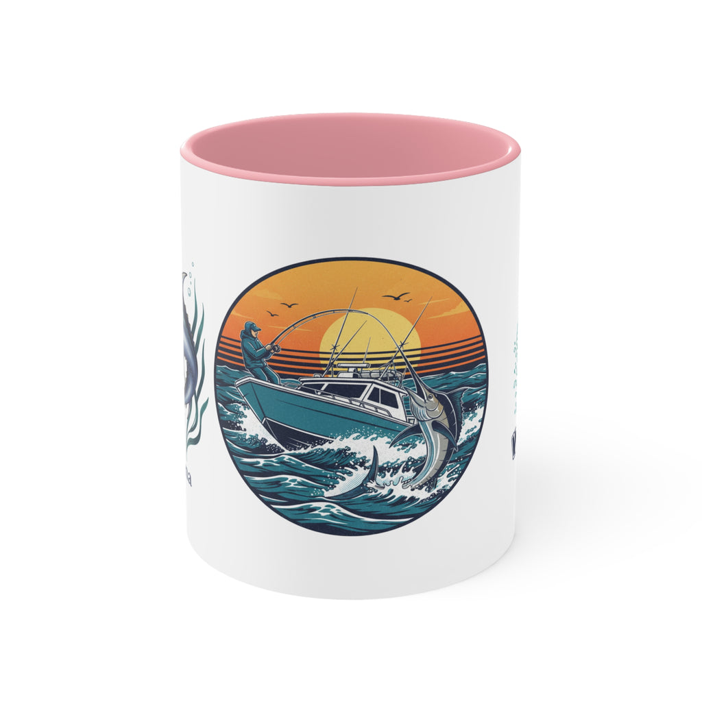 Accent Mug — Bluefin Tuna Fishing Ceramic Coffee Cup (Pink Accent)