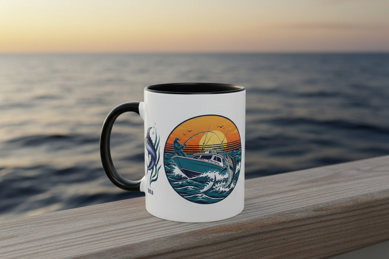 Accent Mug — Bluefin Tuna Fishing Ceramic Coffee Cup (Pink Accent)