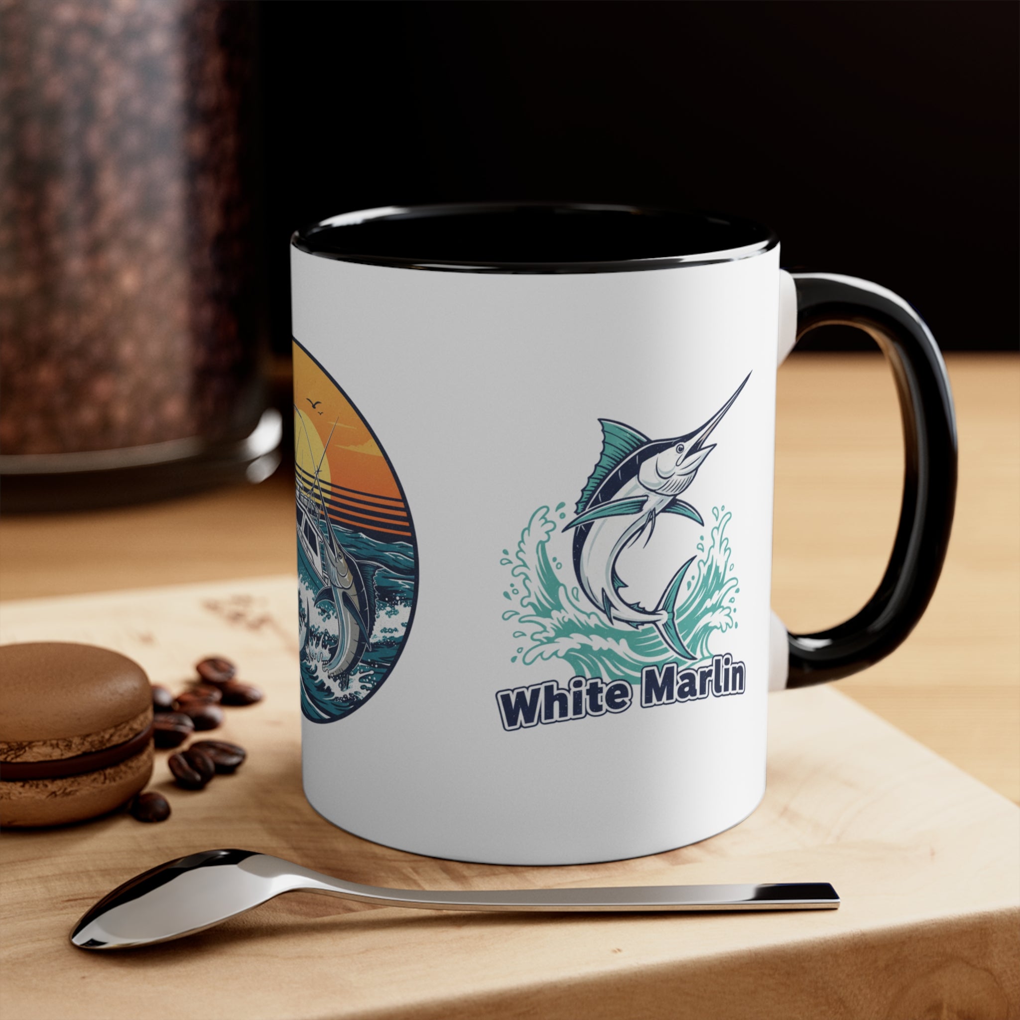 Accent Mug — Bluefin Tuna Fishing Ceramic Coffee Cup (Pink Accent)