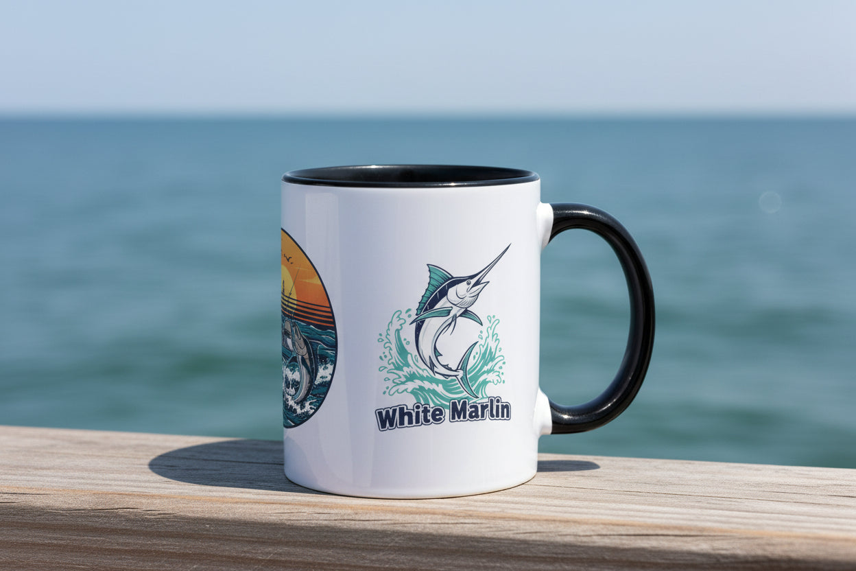 Accent Mug — Bluefin Tuna Fishing Ceramic Coffee Cup (Pink Accent)