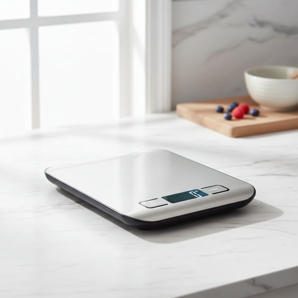 Digital kitchen scale with dimensions labeled on a white background